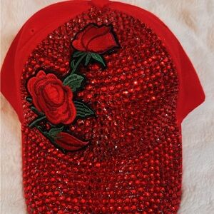 Red Crystal Embellished Cap with Rose Design